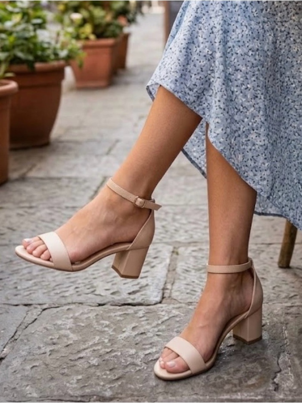 NEW Nude Women's Low Chunky Heel Sandals Ankle Strap Open Toe Pump Sandals Shoes